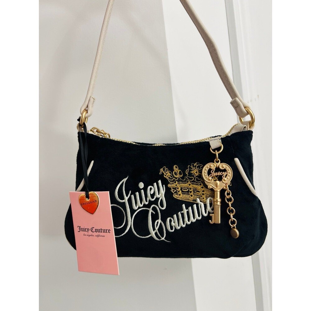 Juicy Couture Black Velour The Key to Juicy Piped Convertible Wristlet Bag NWT